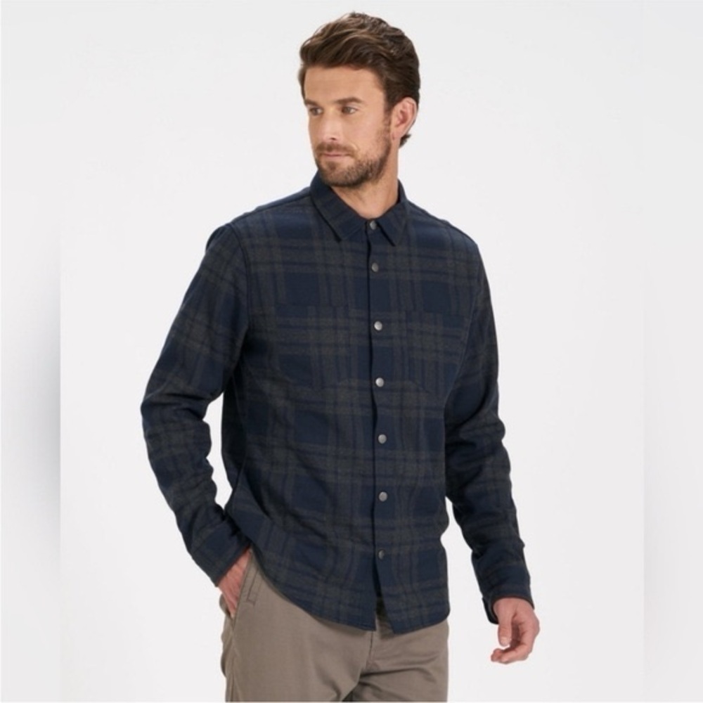Vuori Men’s Range Shirt Jacket Gray Navy Plaid Fleece Lined Size Small